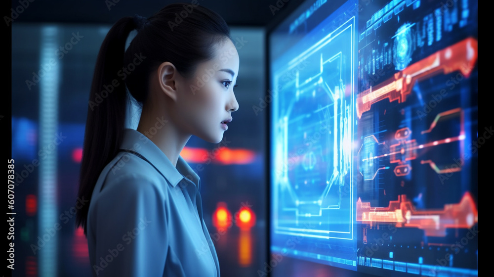 young adult asian woman, research and technology, abstract fictional scene, holographic displays young adult asian woman, research and technology, abstract fictional scene, holographic displays