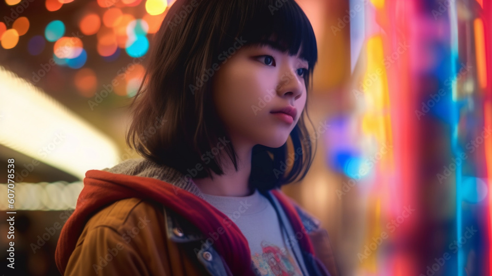 young asian woman or teenage girl outside in a city, neon led holographic holograms, environmental influences in city life, fictitious happening, strolling through the city in the evening or at night young asian woman or teenage girl outside in a city, neon led holographic holograms, environmental influences in city life, fictitious happening, strolling through the city in the evening or at night