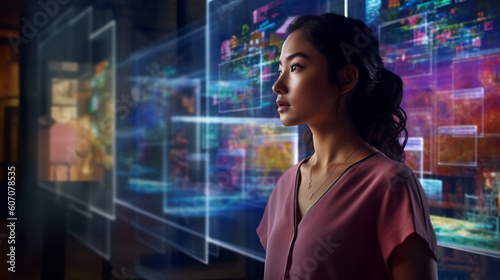 young adult asian woman, research and technology, abstract fictional scene, holographic displays