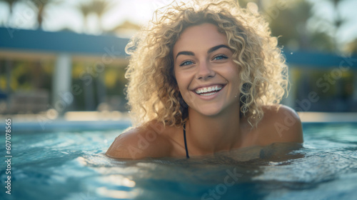 young adult woman in swimming pool in swimming pool enjoying swim vacation or wellness, joyful happy © wetzkaz