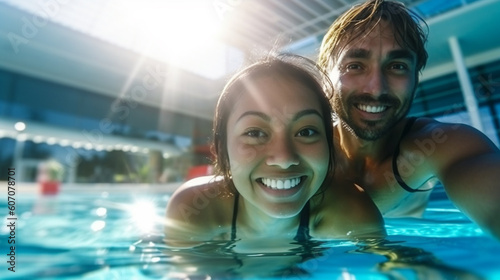 in swimming pool man and woman together, asian and caucasian, in love, girlfriend and boyfriend, having fun in water in swimming pool © wetzkaz