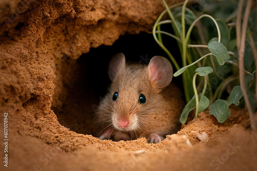 field mouse peeks out of an earthen hole. Generative AI