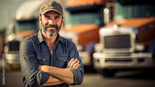 adult man is truck driver mini job work and profession, logistics and transport in road traffic, transport photo