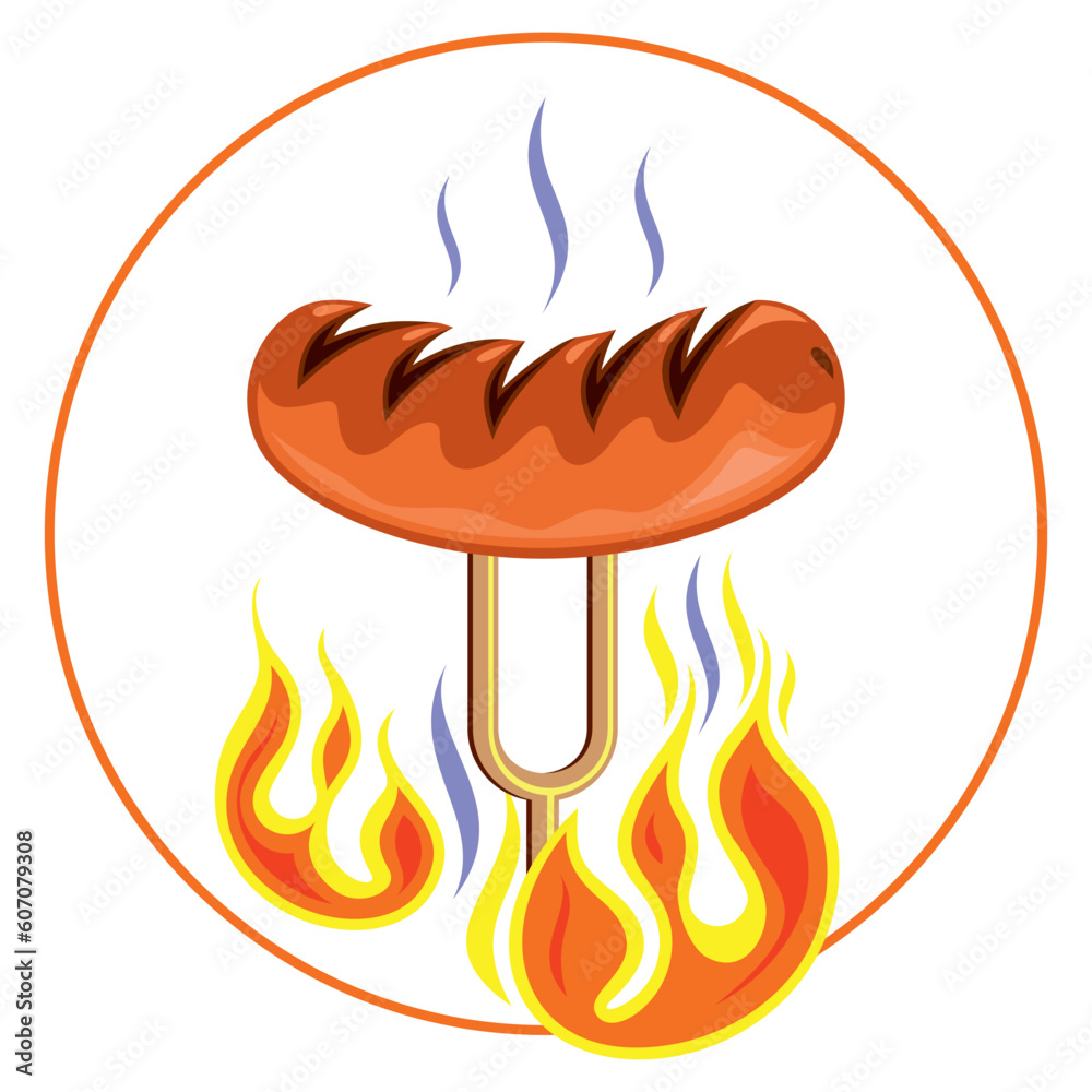 Gorąca kiełbaska z grilla - logo. Grillowana kiełbasa na widelcu. Pieczona w ogniu kiełbaska. Barbecue - kolorowa ilustracja, rysunek wektorowy, grill - symbol - obrazy, fototapety, plakaty 