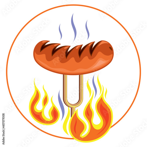 Gorąca kiełbaska z grilla - logo. Grillowana kiełbasa na widelcu. Pieczona w ogniu kiełbaska. Barbecue - kolorowa ilustracja, rysunek wektorowy, grill - symbol
