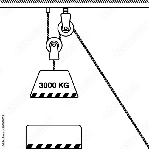 Fixed pulley system isolated on white background. Loaded Movable Pulleys. Physics experiment for education on force and motion with pulley illustration. The laws of motion. Simple Machines Pulleys.