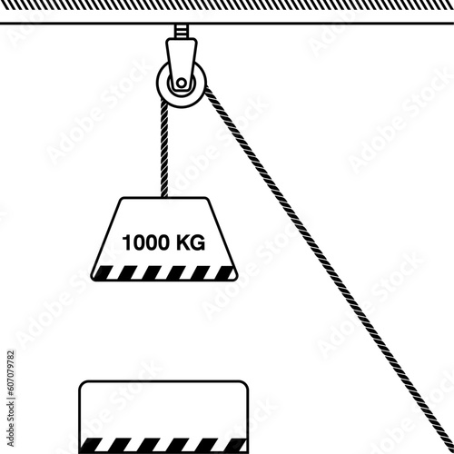 Fixed pulley system isolated on white background. Loaded Movable Pulleys. Physics experiment for education on force and motion with pulley illustration. The laws of motion. Simple Machines Pulleys.