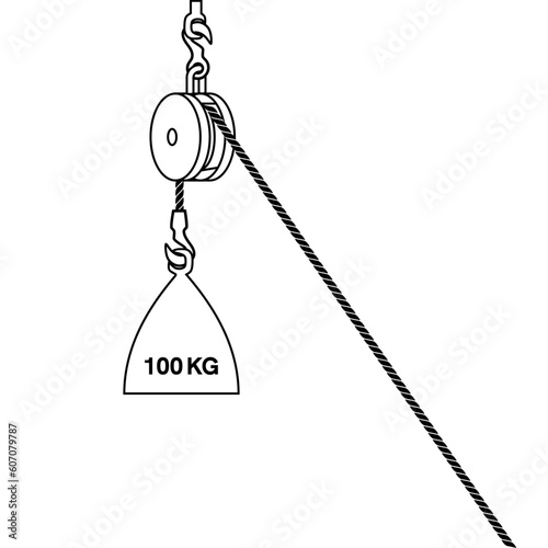 Fixed pulley system isolated on white background. Loaded Movable Pulleys. Physics experiment for education on force and motion with pulley illustration. The laws of motion. Simple Machines Pulleys.