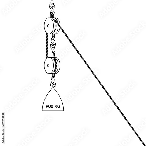 Fixed pulley system isolated on white background. Loaded Movable Pulleys. Physics experiment for education on force and motion with pulley illustration. The laws of motion. Simple Machines Pulleys.