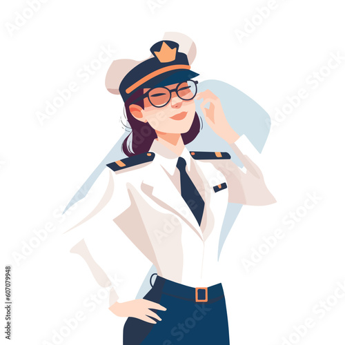 Smiling young woman pilot. Captain of passenger plane. Isolated flat vector design.