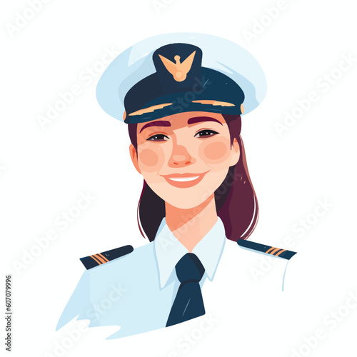 Smiling young woman pilot. Captain of passenger plane. Isolated flat vector design.