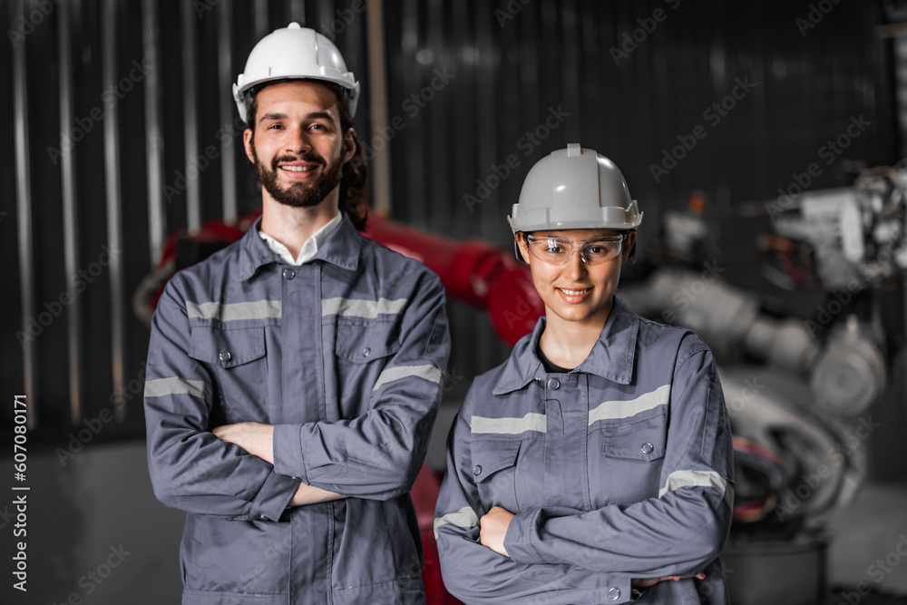 Confident robotic team, including women in non typically male-dominated field, crosses arms representing company's commitment to diversity and inclusion that accepts people all genders and cultures Confident robotic team, including women in non typically male-dominated field, crosses arms representing company's commitment to diversity and inclusion that accepts people all genders and cultures