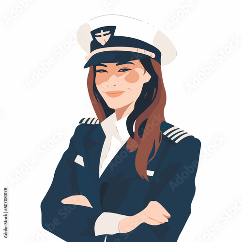 Smiling young woman pilot. Captain of passenger plane. Isolated flat vector design.