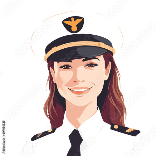 Smiling young woman pilot. Captain of passenger plane. Isolated flat vector design.
