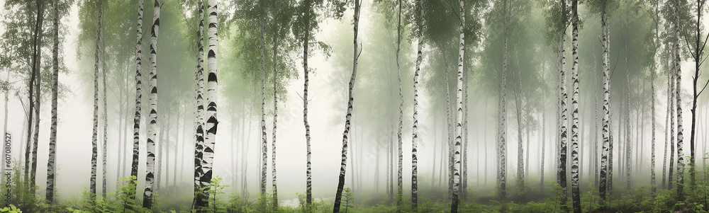 Fototapeta premium panorama of a green birch forest in the fog, long frame. Generative AI