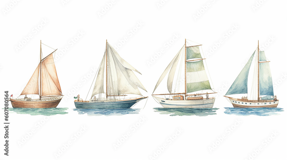Naklejka premium set, a collection of watercolor drawing of a boat with a sail. generative ai