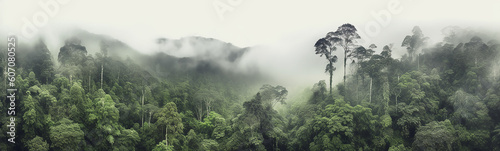 panorama of the rainforest tree tops in the fog. Generative AI © kichigin19