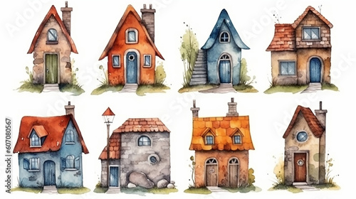 collection of a set of small European rustic fairy-tale houses painted in watercolor. Generative AI