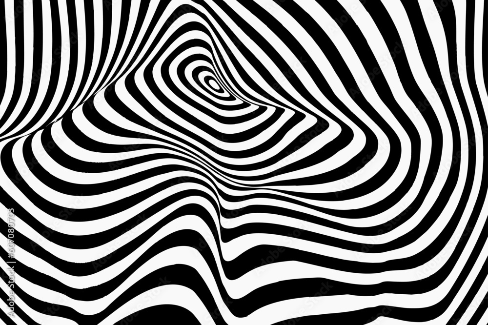 Optical Art of minimal black and white color. Abstract illusion psychedelic spiral. Hypnotic Pattern. Background curve vector line for banner, cover, poster, card.  Vector illustration.