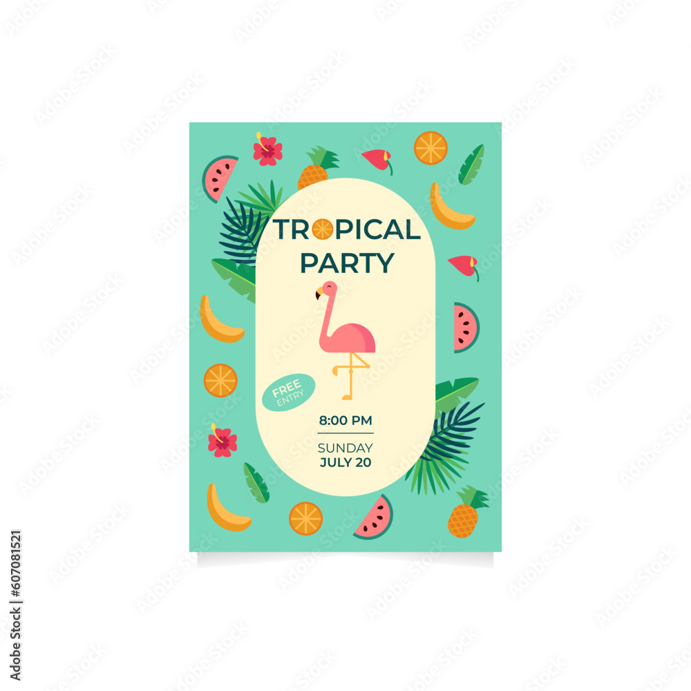 Tropical party invitation with flamingos, pineapples, palm leaves and exotic flowers.