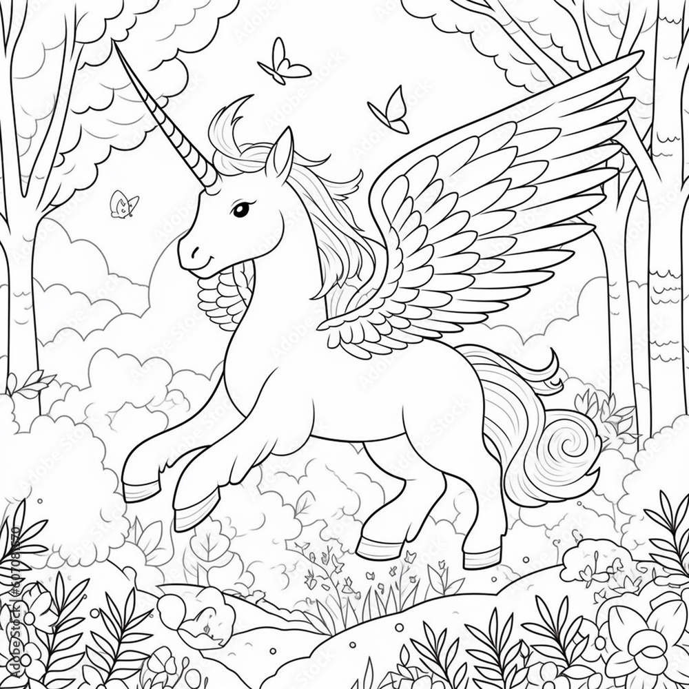 Unicorn eating a cake, illustration for a children's coloring book, black and white, generative ai
