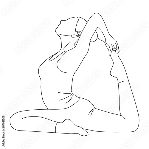 Line art of woman doing yoga in mermaid pose vector.