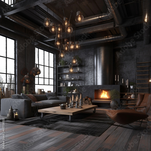 Dark living room loft with fireplace  industrial style. Generative AI