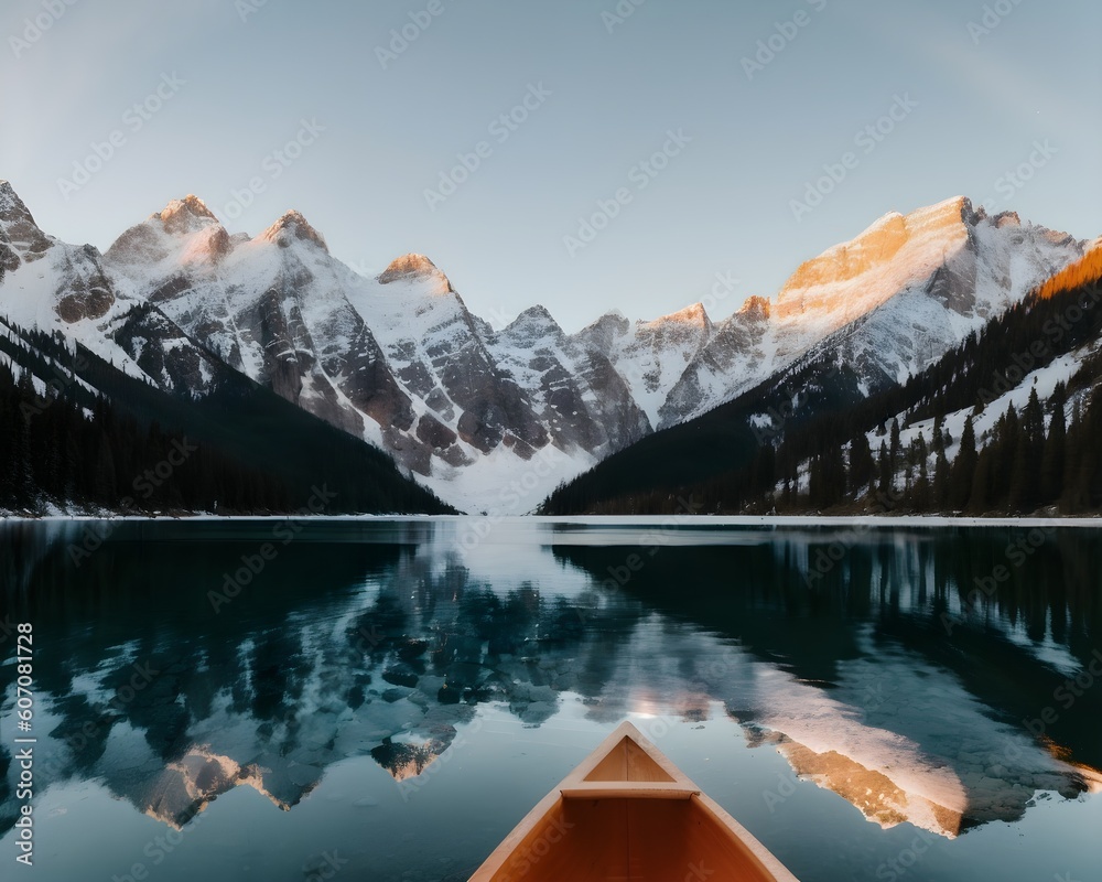 Una canoa en medio de un lago rodeado de montañas y arboles.