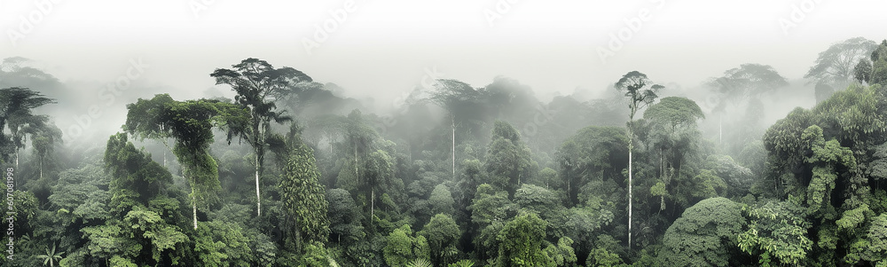 panorama of the rainforest tree tops in the fog. Generative AI - obrazy, fototapety, plakaty 
