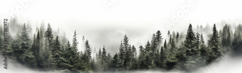 coniferous forest isolated on a white background panorama, tops of fir trees. Generative AI