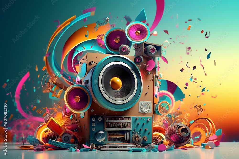 colorful neon background musical style theme abstract musical instruments 3d layout. Generative AI - obrazy, fototapety, plakaty 