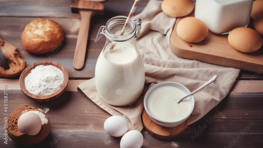 milk and eggs on wooden table Generative AI milk and eggs on wooden table Generative AI