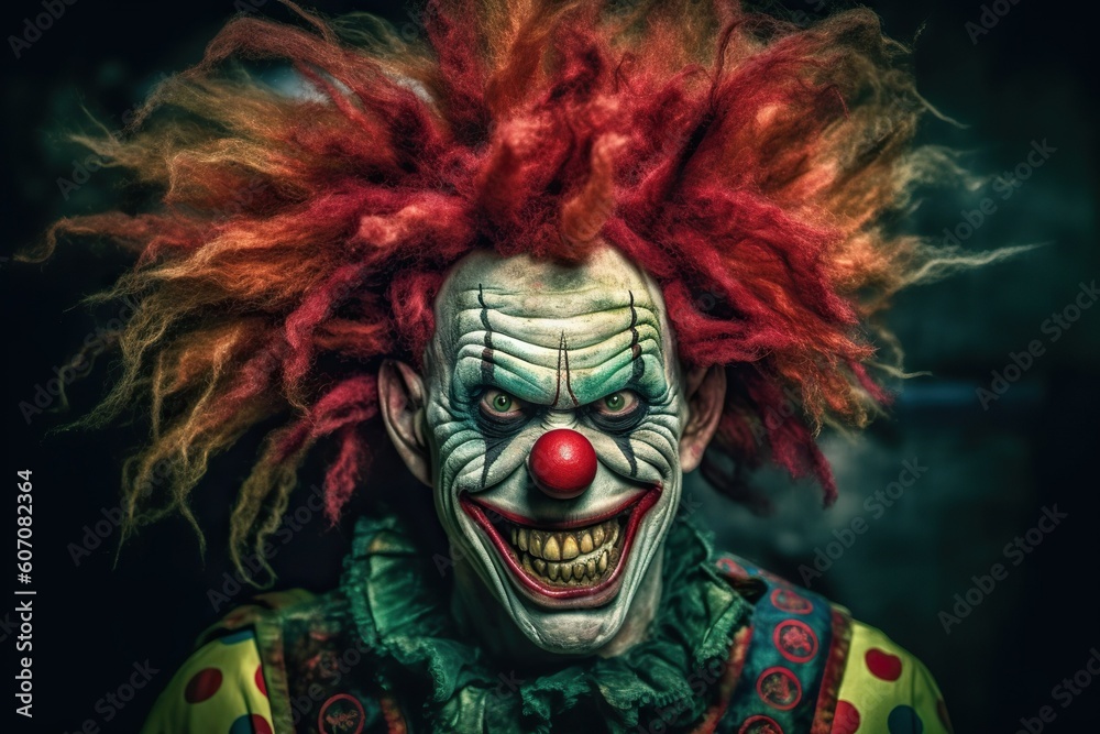 Evil clown face. Portrait of scary spooky clown monster from horror movie  with vintage circus on background. Generative AI Stock Illustration