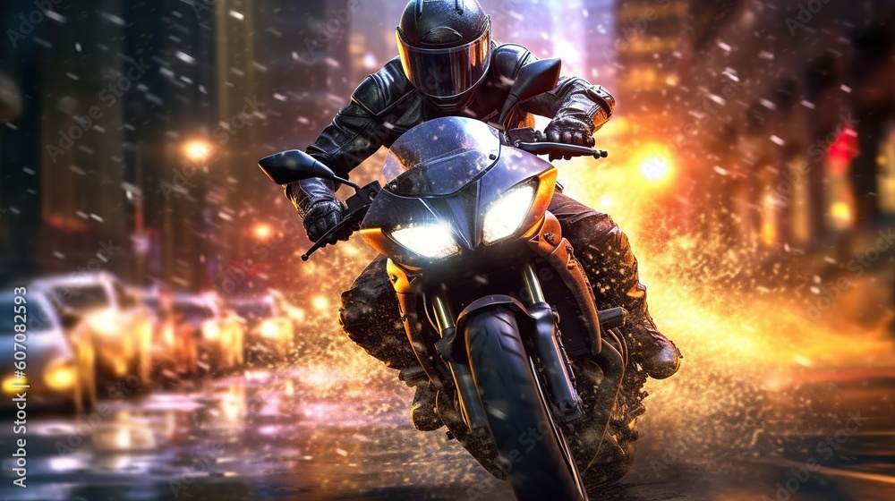 Motorcycle chase, epic scene from action movie, hero on motorbike escapes from the police, explosion on background. Generative AI Motorcycle chase, epic scene from action movie, hero on motorbike escapes from the police, explosion on background. Generative AI