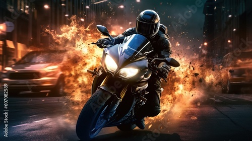 Motorcycle chase, epic scene from action movie, hero on motorbike escapes from the police, explosion on background. Generative AI