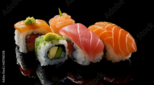 sushi with salmon with the background of the image in black color generativa IA