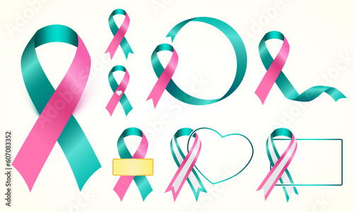 The pink and teal ribbon is used to support many causes related to Breast Cancer Awareness, such as different forms of breast cancer and the combination of ovarian and breast cancer.