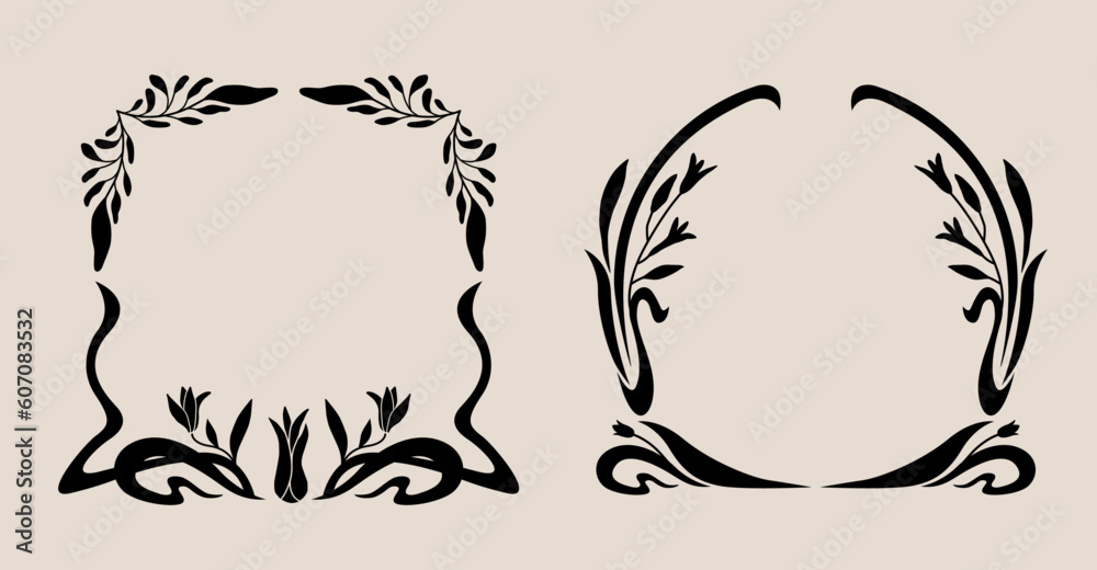 Art nouveau flower frame. Flower and leaf border, branch, wreath, garland decoration. Botanical vector illustration. Vintage antique classic floral graphic element. Art nouveau flower frame. Flower and leaf border, branch, wreath, garland decoration. Botanical vector illustration. Vintage antique classic floral graphic element.