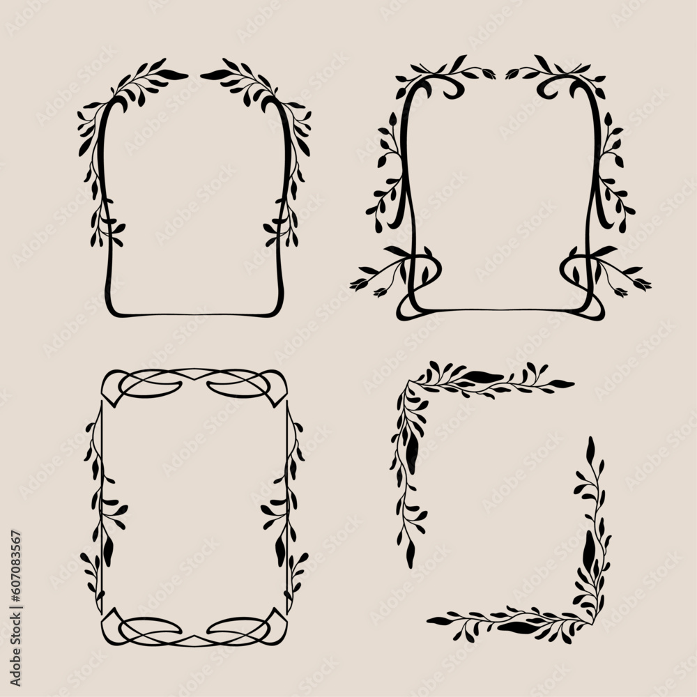 Art nouveau flower frame. Flower and leaf border, branch, wreath, garland decoration. Botanical vector illustration. Vintage antique classic floral graphic element. 