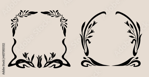 Art nouveau flower frame. Flower and leaf border, branch, wreath, garland decoration. Botanical vector illustration. Vintage antique classic floral graphic element. 