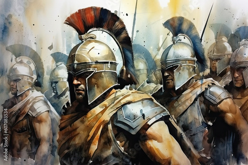 Spartan army in watercolour style. Ai generative