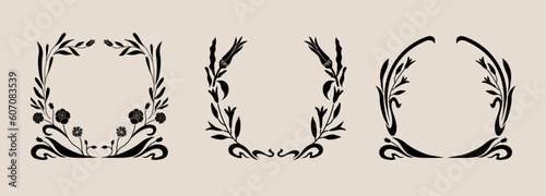 Art nouveau flower frame. Flower and leaf border, branch, wreath, garland decoration. Botanical vector illustration. Vintage antique classic floral graphic element. 