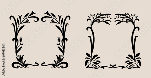 Art nouveau flower frame. Flower and leaf border, branch, wreath, garland decoration. Botanical vector illustration. Vintage antique classic floral graphic element. 
