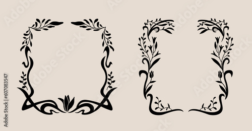 Art nouveau flower frame. Flower and leaf border, branch, wreath, garland decoration. Botanical vector illustration. Vintage antique classic floral graphic element. 
