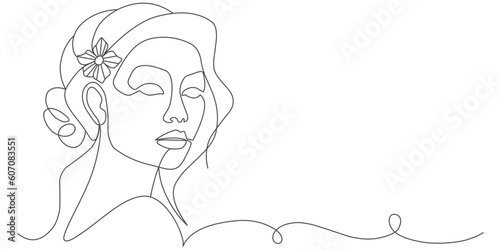 Women’s day line art style vector illustration. Line art vector illustration of beauty woman. Line art vector illustration of a woman face with flower in hair