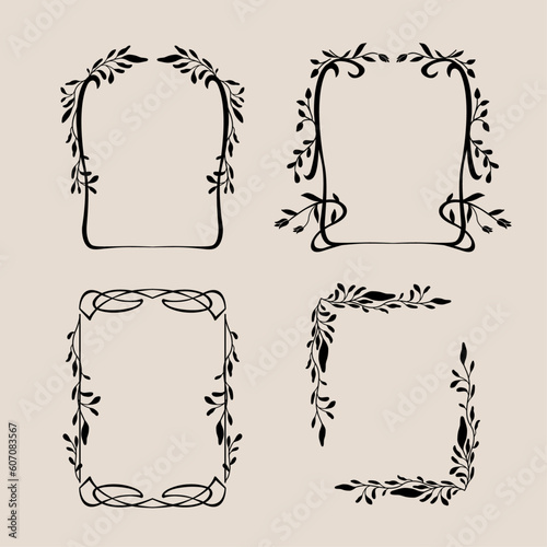 Art nouveau flower frame. Flower and leaf border, branch, wreath, garland decoration. Botanical vector illustration. Vintage antique classic floral graphic element. 