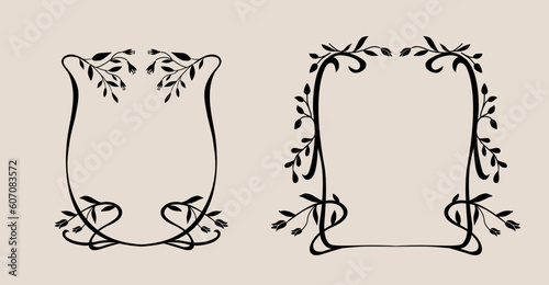 Art nouveau flower frame. Flower and leaf border, branch, wreath, garland decoration. Botanical vector illustration. Vintage antique classic floral graphic element. 