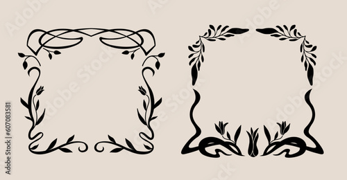 Art nouveau flower frame. Flower and leaf border, branch, wreath, garland decoration. Botanical vector illustration. Vintage antique classic floral graphic element. 