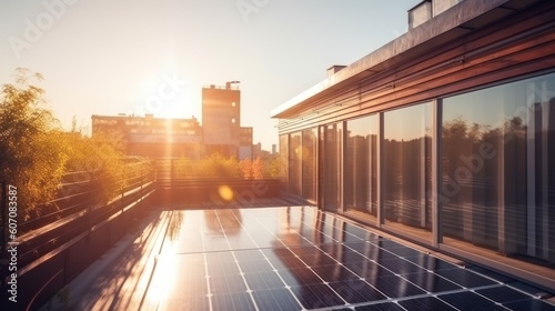 Modern house with solar panels on the rooftop with sunset on the background. Generative AI © Natee Meepian