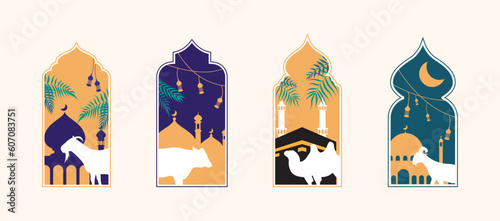 islamic eid al adha sacrificial day greeting card with ornamental arabic frame with sacrificial sheep goat cow and camel